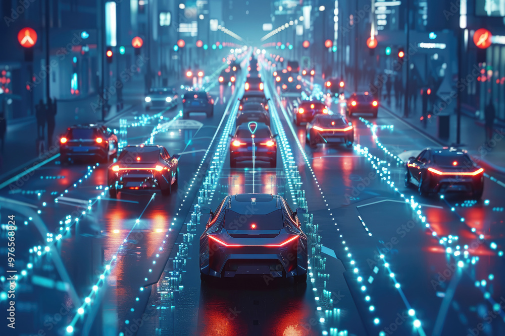 Wall mural at night, cars on city roads