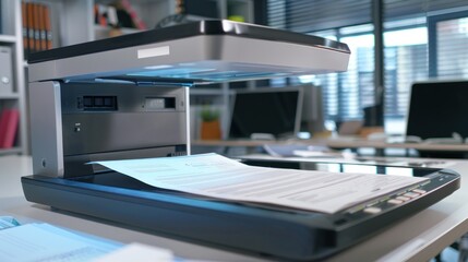 A document being scanned on a flatbed scanner in an office environment