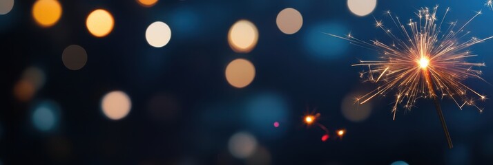 Obraz premium A hand-held sparkler lit against a backdrop of colorful bokeh lights, evoking a sense of celebration and festive atmosphere, capturing the spirit of joy and sparkle.