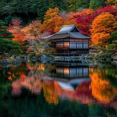 Fototapeta premium Serene lake in Tenrya-ji surrounded by the rich tapestry of autumn colors reflecting in the still water.