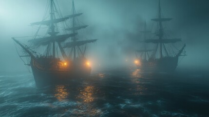 Fototapeta premium Ghostly Haunted Ship Sailing through Foggy Ocean in Unreal Engine - Eerie Night Scene with Glowing Lanterns and Ghostly Figures