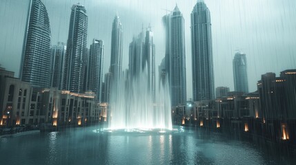 Obraz premium Majestic Cityscape with Modern Skyscrapers and Illuminated Fountain in the Evening Rain