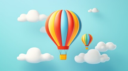 Obraz premium Two colorful hot air balloons flying through the sky with white clouds.