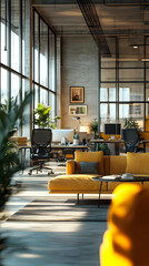 Modern Office Interior Illustration - Yellow Couch, Large Windows, Natural Light