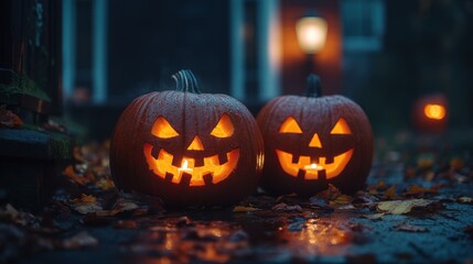 Obraz premium Eerie Halloween Atmosphere with Glowing Pumpkins and Candlelight on a Dark Night