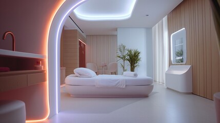 A sleek spa retreat with interactive digital wellness programs and neon-lit relaxation zones promoting health-focused travel