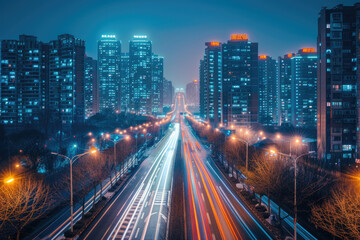 Obraz premium At night, the light trajectory of the taillights of fast-moving vehicles on city roads