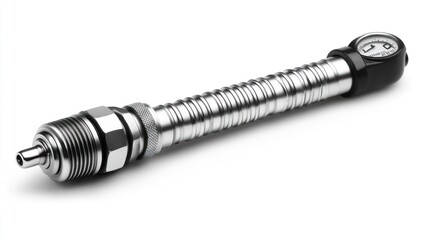 A metal pressure gauge tool for measuring air or fluid pressure.