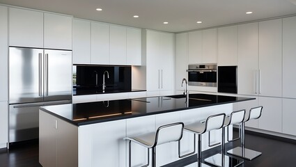 Sleek Modern Luxury: Exquisite Kitchen Design with Central Island, Elegant Pendant Lights, Rich Hardwood Floors, and Top-of-the-Line Stainless Steel Appliances
