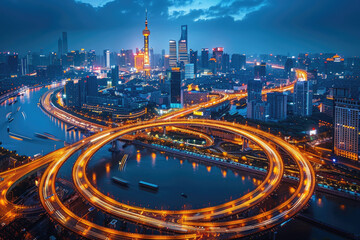 Fototapeta premium At night, bird's-eye view of urban overpasses