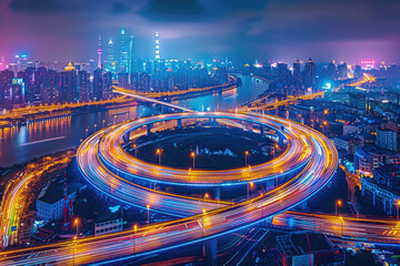 Fototapeta premium At night, bird's-eye view of urban overpasses