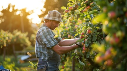 A farm worker picking fruits from an orchard tree.