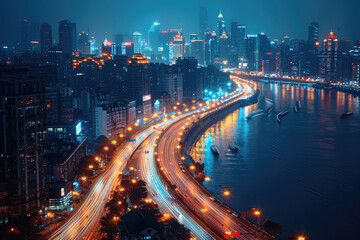 Obraz premium At night, bird's-eye view of urban overpasses