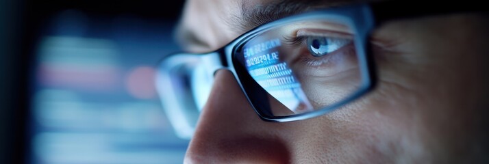 A close-up view of eyeglasses worn by an individual, with the reflection of a computer screen displaying code, symbolizing technology, focus, and digital work.