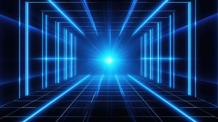 Abstract blue neon light tunnel with glowing lines.