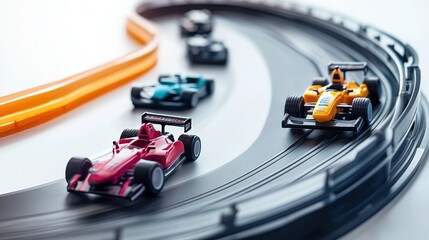 A vibrant Formula 1 toy track featuring miniature cars racing on a dynamic layout. The track is designed with colorful curves and straightaways, showcasing the excitement of racing in a playful 