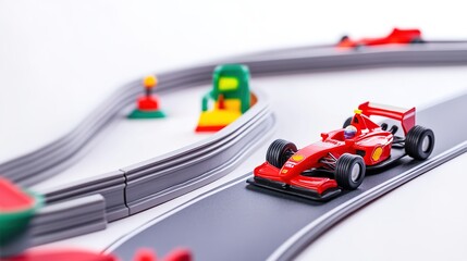 Fototapeta premium A vibrant Formula 1 toy track featuring miniature cars racing on a dynamic layout. The track is designed with colorful curves and straightaways, showcasing the excitement of racing in a playful 