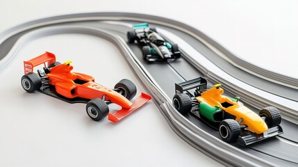 Fototapeta premium A vibrant Formula 1 toy track featuring miniature cars racing on a dynamic layout. The track is designed with colorful curves and straightaways, showcasing the excitement of racing in a playful 