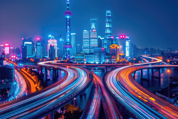 Fototapeta premium At night, bird's-eye view of urban overpasses