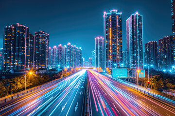 Fototapeta premium At night, the light trajectory of the taillights of fast-moving vehicles on city roads