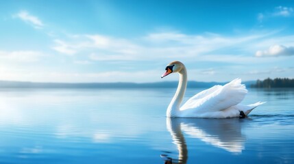 Obraz premium Graceful White Swan on a Blue Lake with Clouds