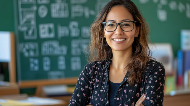 Portrait of an asian female teacher with glasses smiling in a classroom