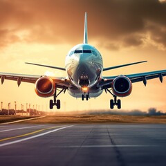Airplane Landing on a Runway at Sunset
