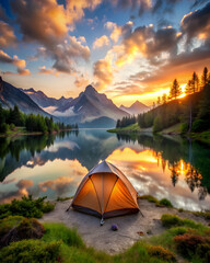 Golden Sunrise Serenity: A solitary tent glows beneath a breathtaking alpine sunrise, mirrored in the still waters of a mountain lake. 