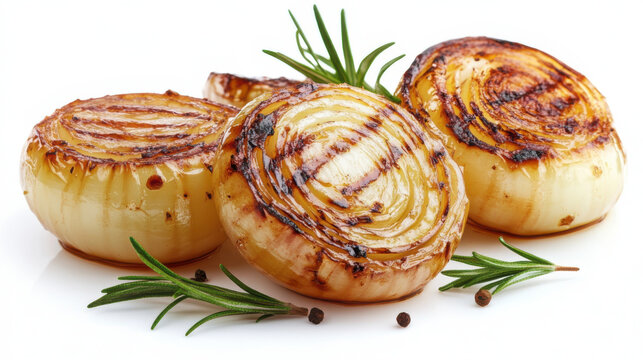 delicious caramelized onion with parsley on a white plate macro. horizontal