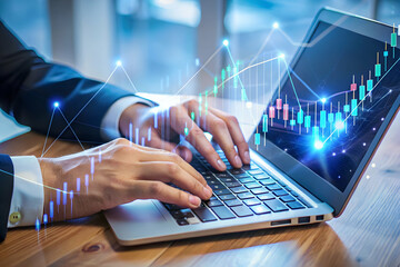 Navigating the Digital Markets: A businessman analyzes glowing stock charts projected from his laptop, embodying the fast-paced world of financial technology. 