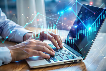 Digital Nomad:  A businessman working on his laptop, a digital graph projecting from the screen showing success in an online investment.  