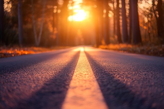 road leading towards setting sun, long shadow cast by road markings, warm sunset colors, dramatic lighting, blurred trees lining the sides, atmospheric depth of field, dreamy and cinematic vibes


