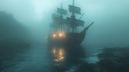 Ghostly Pirate Ship Sailing in Foggy Night - Hyperrealistic 3D Rendered Scene with Eerie Vibe