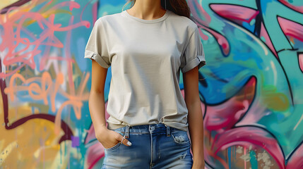 Woman wearing a plain grey t-shirt standing in front of a graffiti wall.