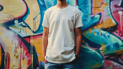 Fototapeta premium A man in a white t-shirt stands in front of a graffiti wall.