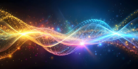 Fototapeta premium Cosmic Energy Flow: A mesmerizing spectacle of vibrant energy waves intertwining, sparkling with cosmic dust and ethereal light, perfect for themes of science, magic, and the universe. 