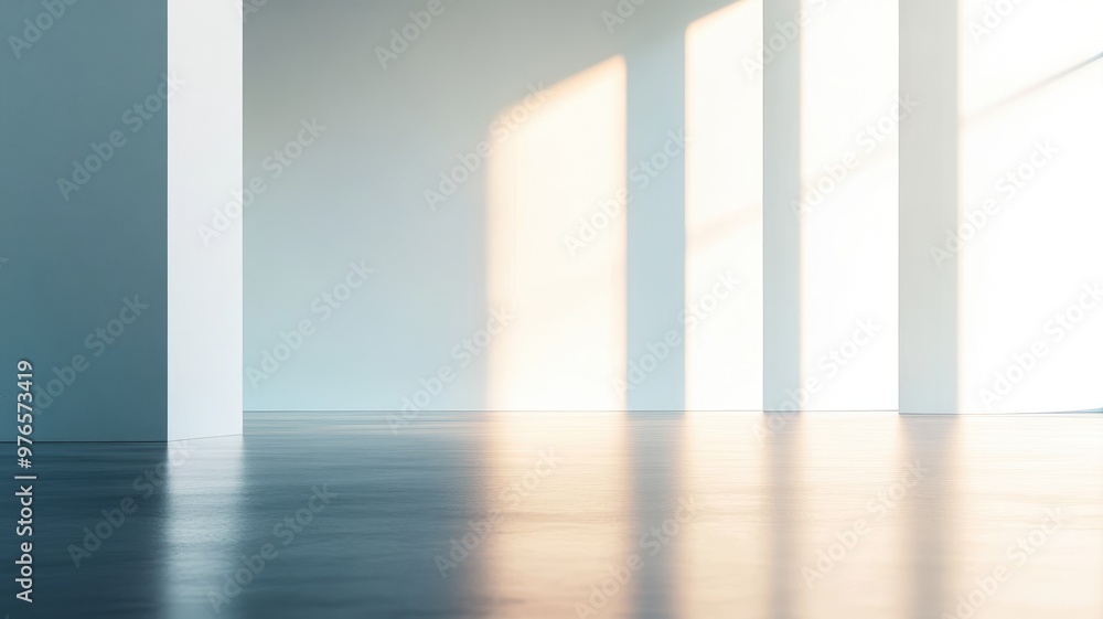 Poster sunlight casts shadows through large windows in empty, minimalist room with smooth floors and white 