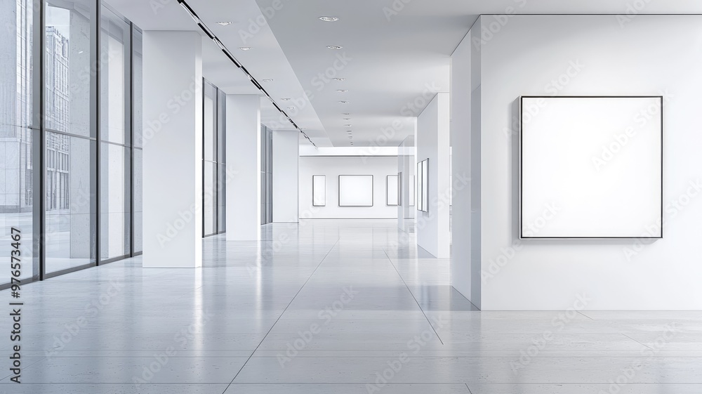 Poster modern, minimalistic art gallery with large white walls and empty picture frames