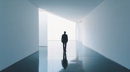 Man in suit walking minimalistic, white hallway