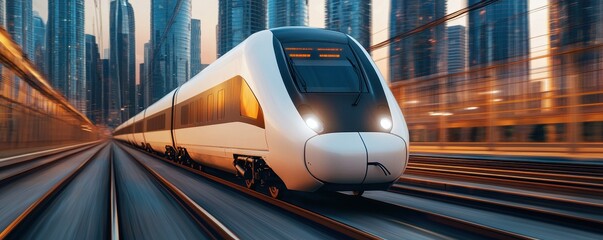 A sleek, modern train glides through a vibrant cityscape, capturing the essence of urban transportation and innovation.