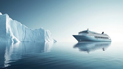 Cruise ship sailing near large iceberg in calm, reflective waters under clear sky