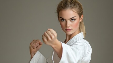 Attractive young blonde woman in a white karate uniform, standing in a fighting stance with her fists raised, set against a neutral background