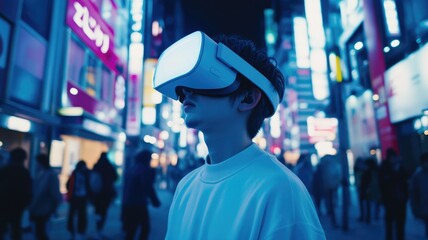 Asian male experiencing virtual reality in busy urban street at night