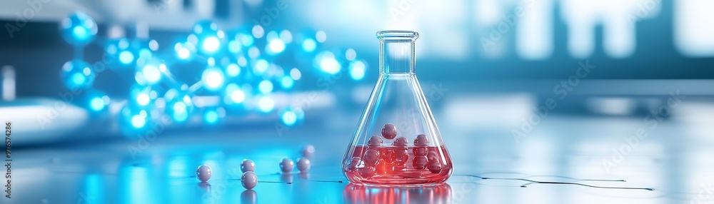 Poster laboratory flask with red liquid and spheres