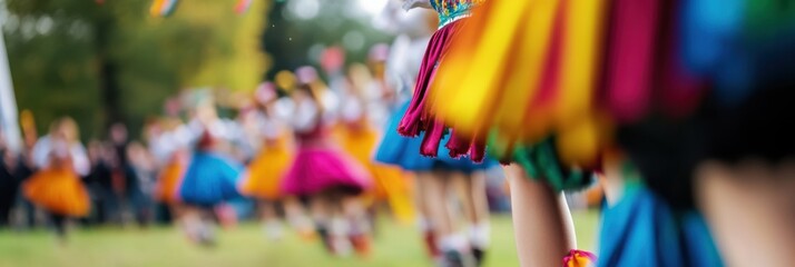 Fototapeta premium A group of dancers in bright, colorful costumes performing an energetic dance outdoors during a cultural festival, symbolizing celebration, tradition, and community spirit.