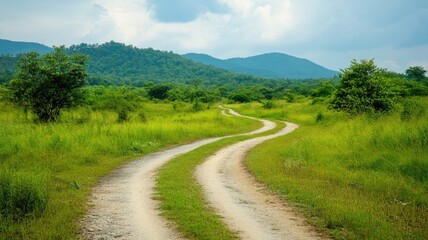 Fototapeta premium Winding dirt road cuts through lush green grass with forested hills and cloudy sky in background