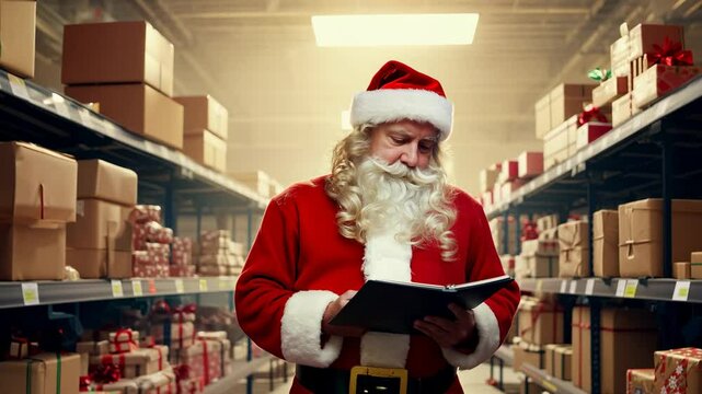 Santa Claus with a clipboard in his warehouse with Christmas presents. Santa checks his list twice, clipboard in hand, as he prepares for the busiest night of the year!