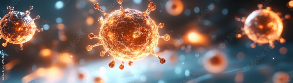 Poster 3d render of coronavirus particle with spikes and bokeh lights