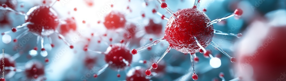 Poster 3d rendering of red virus cells microscopic view