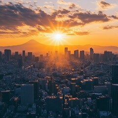 Fototapeta premium The sun sets over the sprawling cityscape of Tokyo, with Mount Fuji in the far distance.